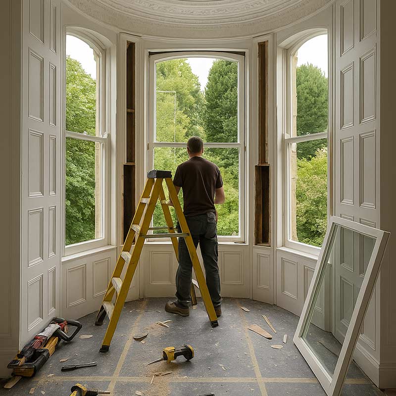 Interior view of a large bay window undergoing sash window restoration in a period home.
