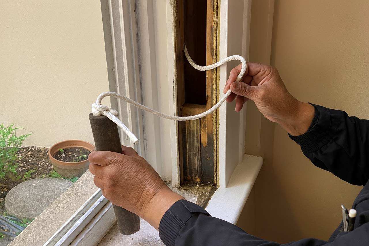 Replacing sash window cords and pulleys inside a timber frame.