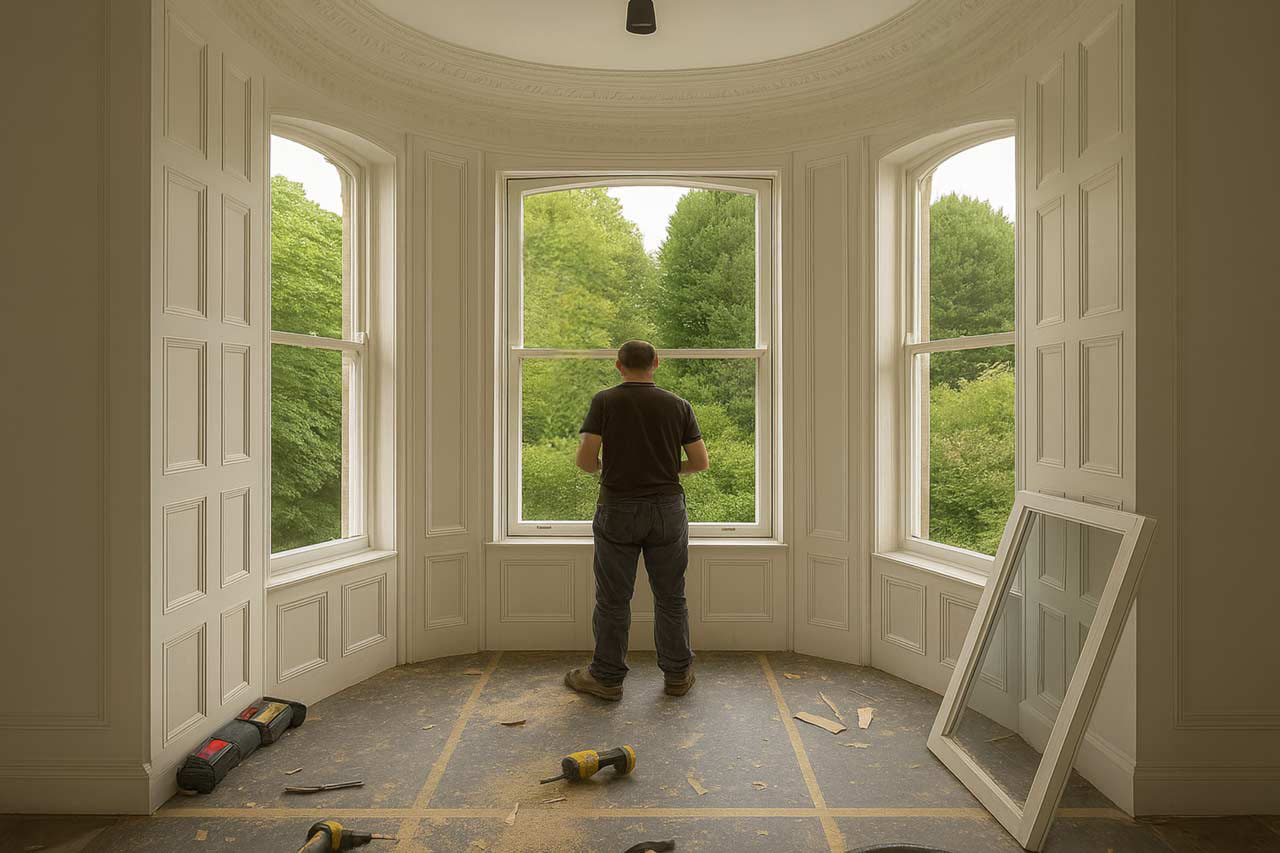 Sash window renovation in progress inside a period home with frames stripped back.