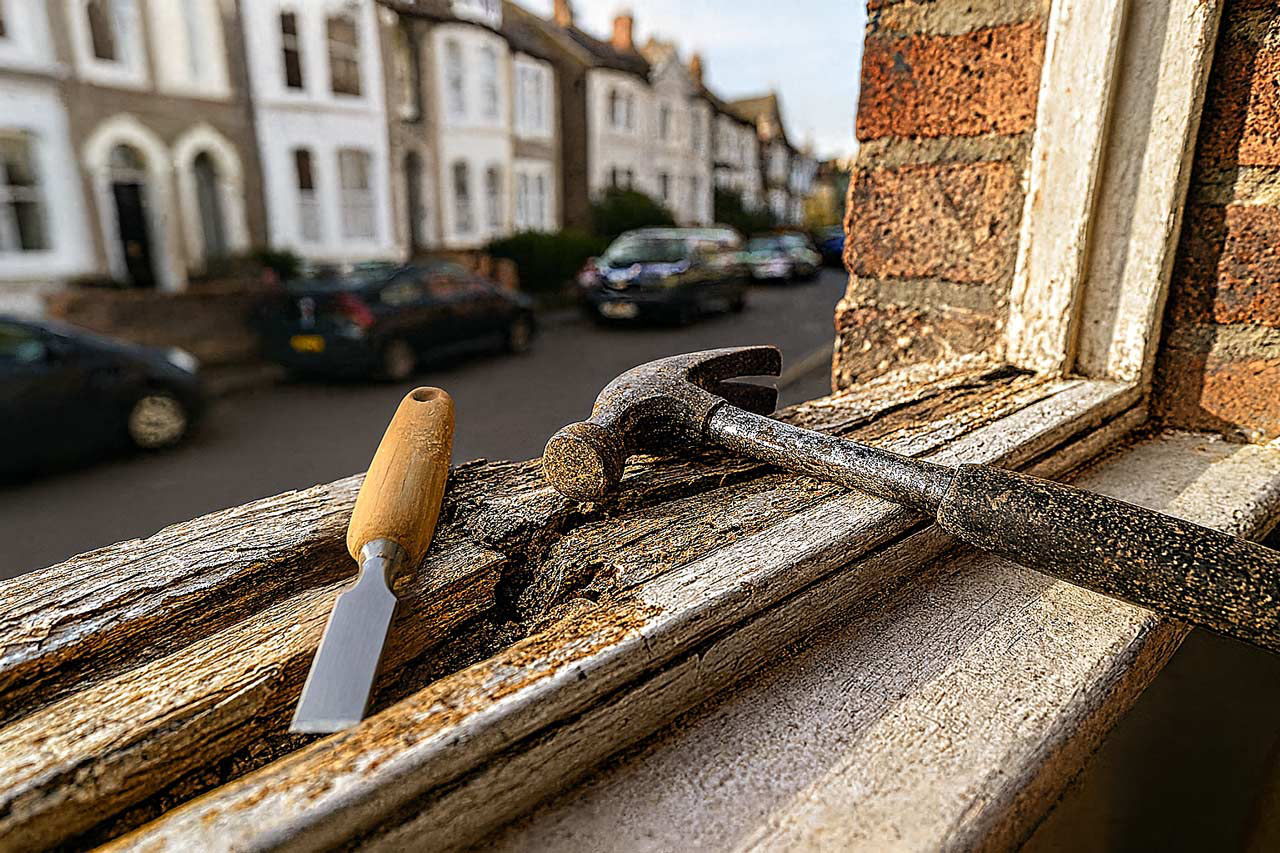 Sash window repair services showing rotten timber being removed from a period home.